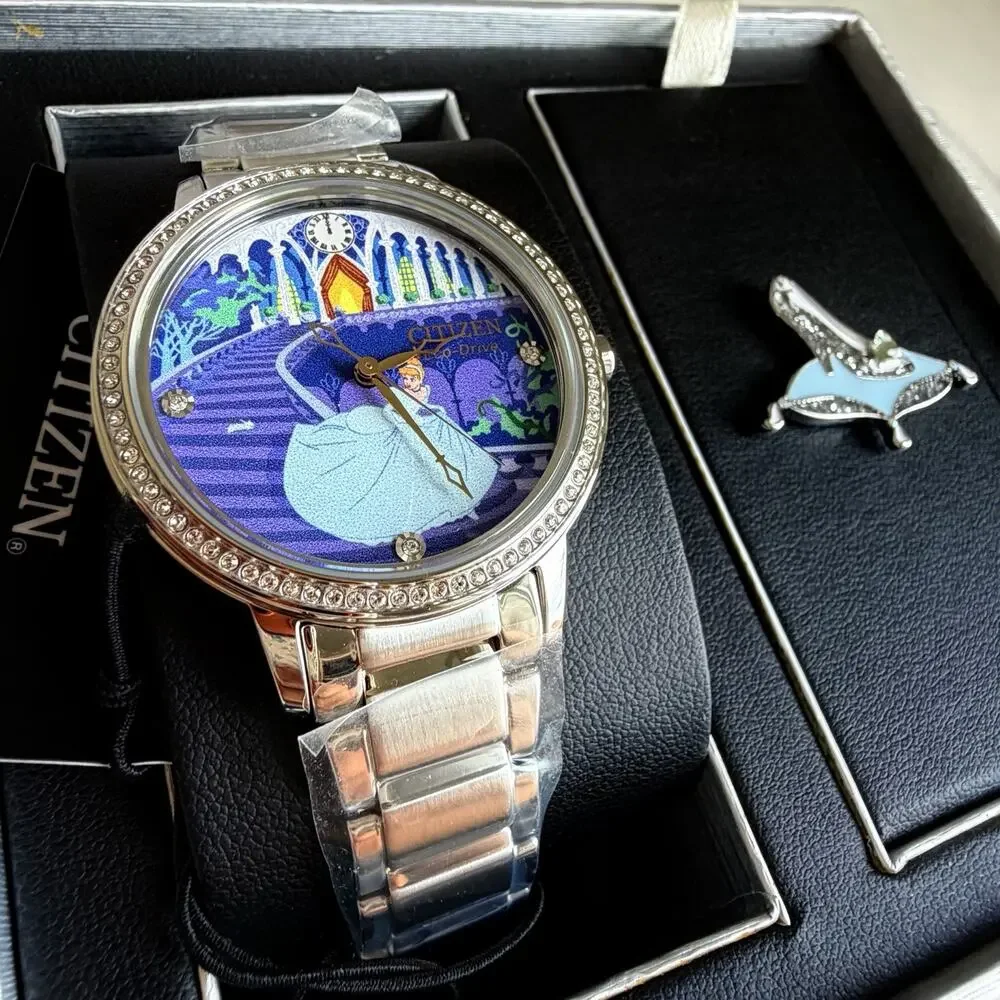 Citizen Disney Cinderella Eco-Drive Watch FE7041-51W Crystal Pin Box Set NWT